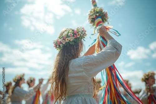 A traditional Maypole dance during a village May Day festival, with participants in flower crowns weaving colorful ribbons under a bright spring sky, copy space background