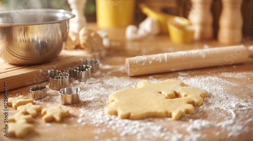 Scene of a baking setup in a kitchen. Featuring baking tools like rolling pins, cookie cutters, and a mixing bowl. Highlighting the joy of baking. Ideal for cooking blogs. photo