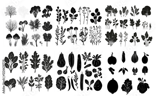 set of silhouettes of vegetables and leafs