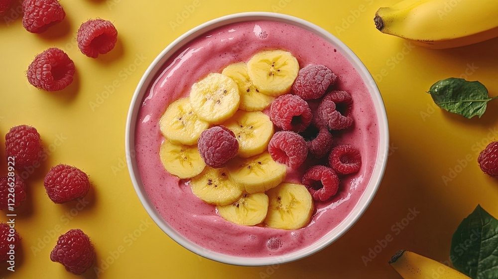 Fresh smoothie bowl with vibrant fruits, surrounded by smoothie ingredients
