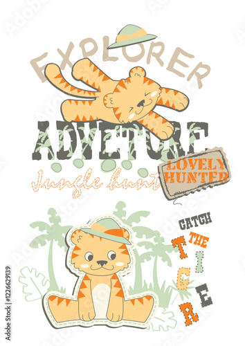 A vibrant design featuring a baby tiger with a jungle and adventure theme. Ideal for children’s products, baby rooms, and adventure-themed illustrations.