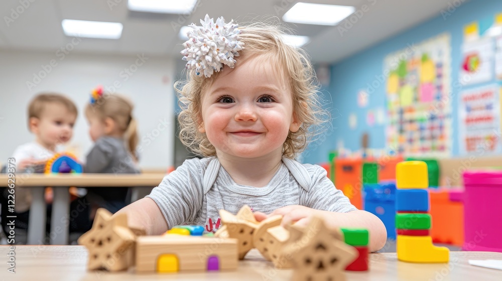 Fototapeta premium Toddler playing with blocks in daycare classroom