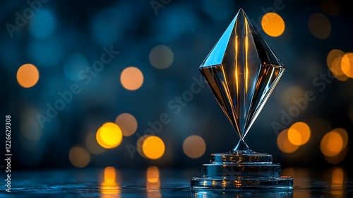 High-resolution photo of a glass diamond-shaped award with sharp lines, standing on a clear acrylic base