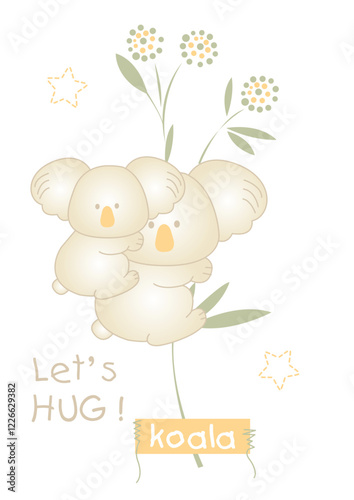 Sticker Sweet illustration of two koalas surrounded by green leaves, perfect for baby room decor or children’s products