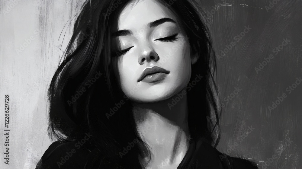 Pensive Woman Monochrome Portrait Painting Pensive Woman Monochrome Portrait Painting