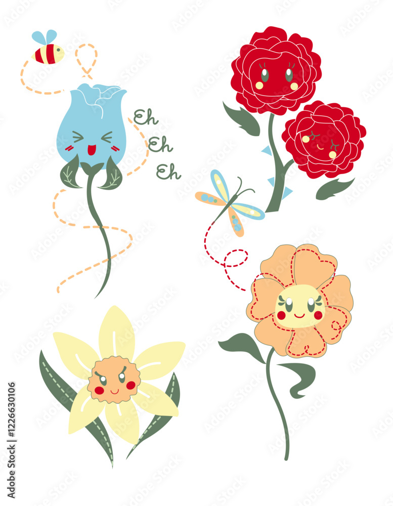Fototapeta premium Cute Talking Flowers with Faces Whimsical Garden Character Vector 