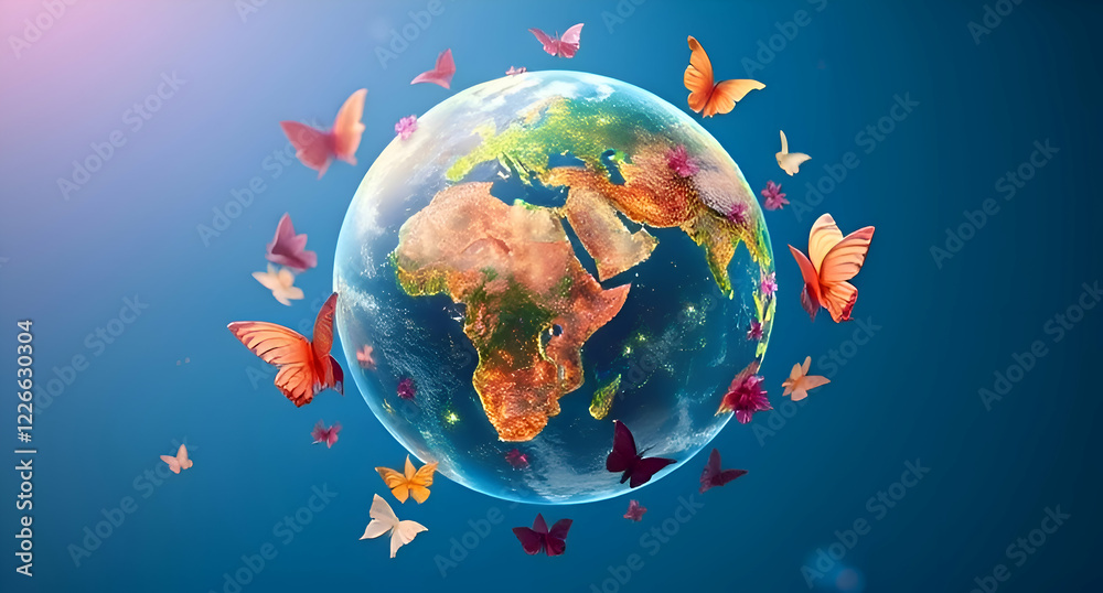 Naklejka premium A vibrant and whimsical illustration of the Earth surrounded by colorful butterflies, set against a gradient blue and pink sky.