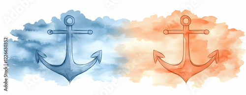 Watercolor Anchors on Clouds, Nautical Design photo