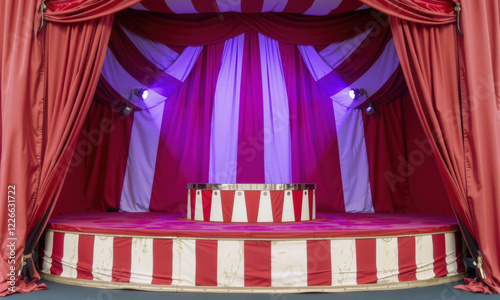 vibrant vintage circus stage with red and white drapes, featuring circular platform illuminated by purple lights, creating inviting atmosphere for performances
