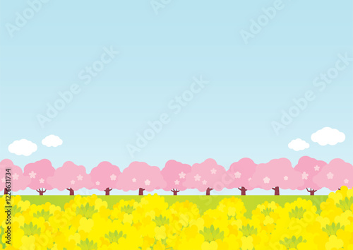桜並木と菜の花畑の春っぽい背景イラスト