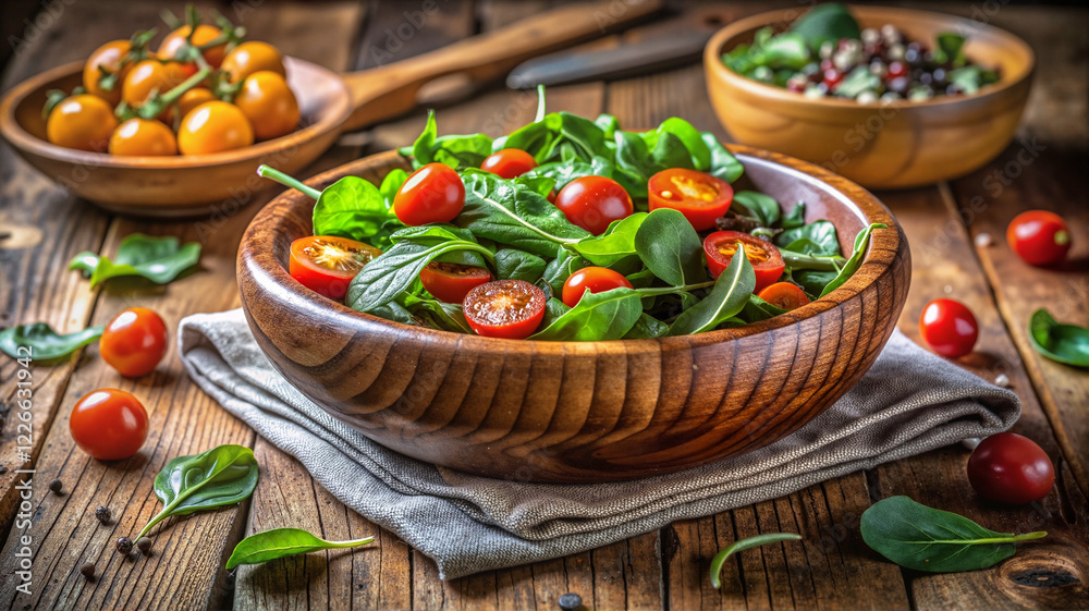 Fresh basil and cherry tomato salad in a wooden bowl Fresh basil and cherry tomato salad in a wooden bowl