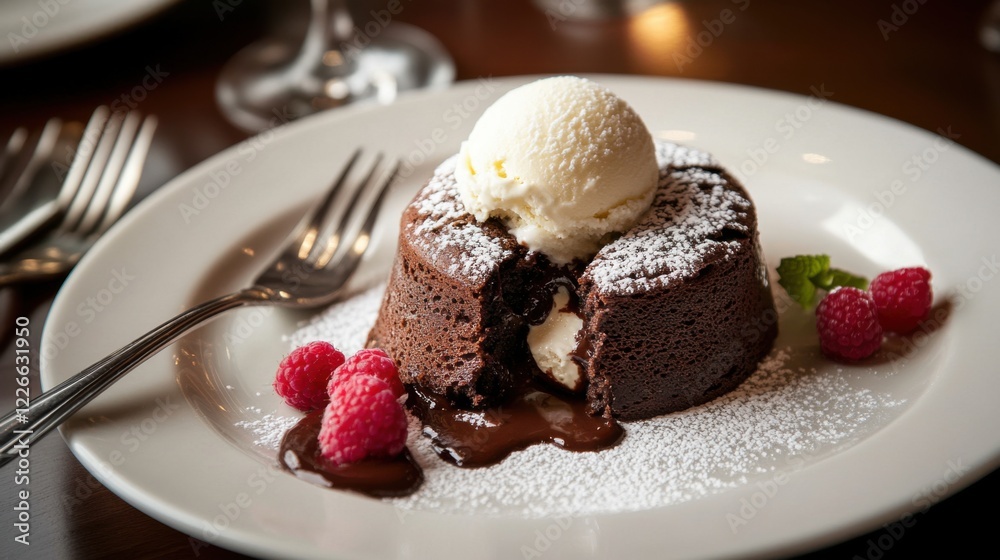 A decadent molten chocolate lava cake with a gooey center, served with a scoop of vanilla ice cream and a dusting of powdered sugar, Cake centered A decadent molten chocolate lava cake with a gooey center, served with a scoop of vanilla ice cream and a dusting of powdered sugar, Cake centered