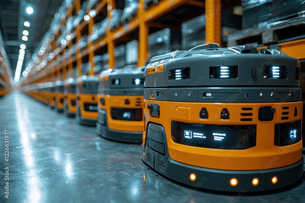 Naklejka premium Advanced robotic technology in action at a modern warehouse facility during daytime operations