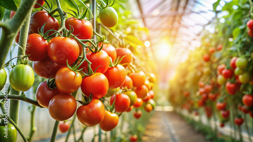 Fresh cherry tomatoes growing in a greenhouse photo