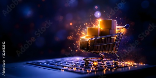 A shopping cart with glowing boxes is displayed on a laptop keyboard, symbolizing online shopping and e-commerce. Concept Online Shopping, E-commerce Trends, Digital Retail, Innovative Marketing