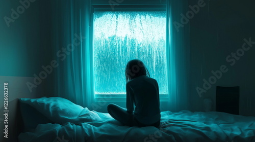 Melancholic Scene of a Lonely Character in a Rainy Room Reflecting Longing and Solitude