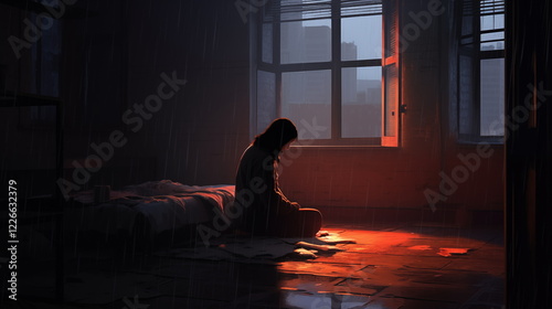 Melancholic Scene of a Lonely Character in a Rainy Room Reflecting Longing and Solitude