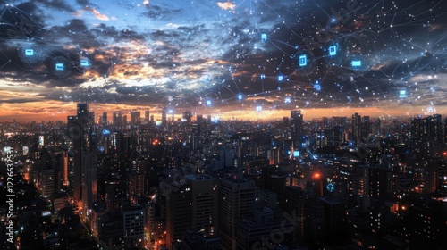 Wallpaper Mural City skyline at dusk with interconnected digital network overlay showcasing connectivity Torontodigital.ca