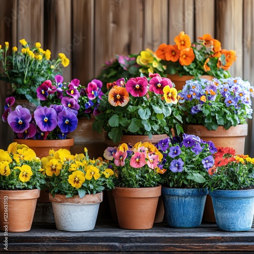 Wallpaper Mural Colorful pansy flowers in terracotta and blue pots on a wooden shelf against a wooden wall Torontodigital.ca