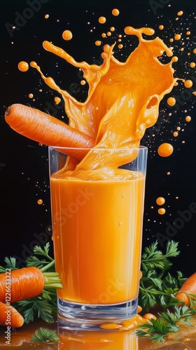 An artistic representation of carrot juice pouring into a glass, with splashes of orange liquid and fresh carrot greens in the background.