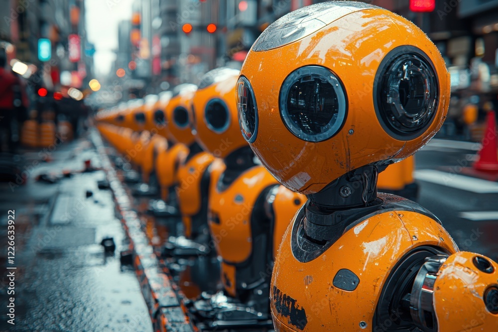 Brightly colored robots line a rain-soaked street in a bustling urban environment during a lively evening Brightly colored robots line a rain-soaked street in a bustling urban environment during a lively evening