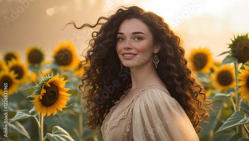 A woman with curly hair smiles in a sunflower field photo