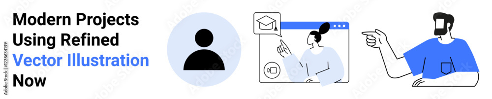 Profile icon, online communication via email, and pointing individual emphasizing teamwork, digital interaction, education, business, remote work, creativity, and flat landing page banner Profile icon, online communication via email, and pointing individual emphasizing teamwork, digital interaction, education, business, remote work, creativity, and flat landing page banner