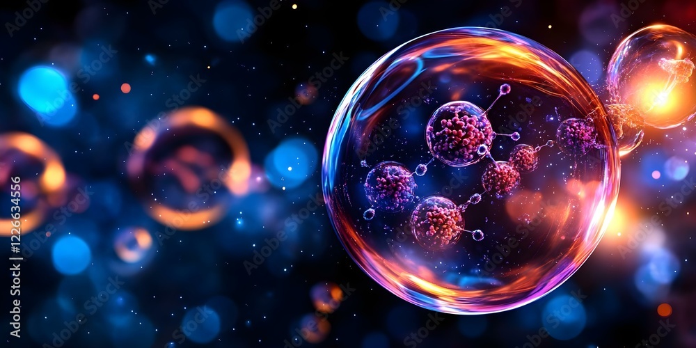 A visual representation of molecules and atoms within colorful, luminous bubbles against a cosmic background. Concept Molecular Structures, Luminous Bubbles, Cosmic Background A visual representation of molecules and atoms within colorful, luminous bubbles against a cosmic background. Concept Molecular Structures, Luminous Bubbles, Cosmic Background