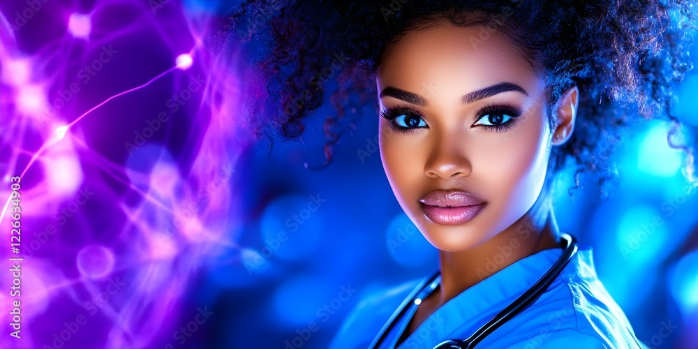 A young woman wearing medical scrubs and a stethoscope, with a colorful, blurred background suggestive of a healthcare setting. Concept Healthcare Professional, Medical Scrubs, Stethoscope A young woman wearing medical scrubs and a stethoscope, with a colorful, blurred background suggestive of a healthcare setting. Concept Healthcare Professional, Medical Scrubs, Stethoscope