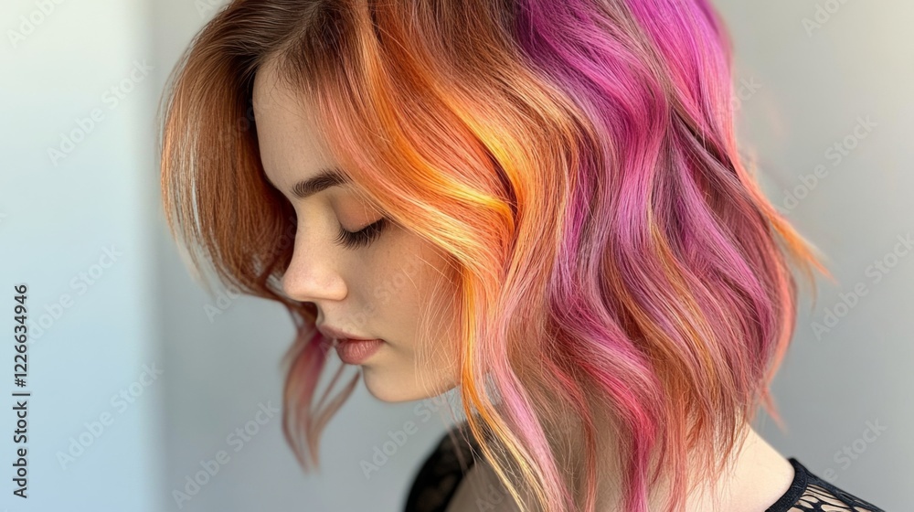 Obraz premium Close-up of a woman with beautifully colored hair, featuring vibrant highlights and a stylish cut, set against a neutral backdrop to emphasize the hairs richness.
