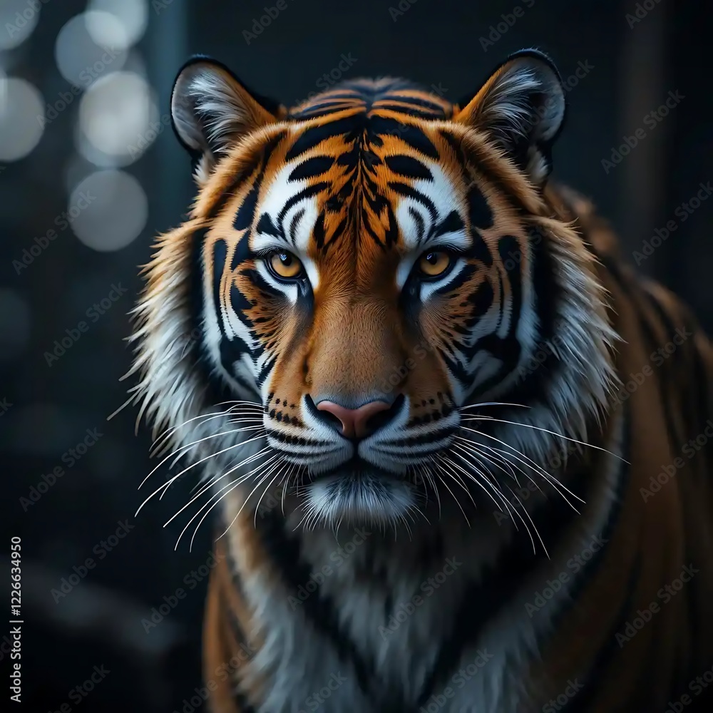 Fototapeta premium Majestic Tiger Portrait: Intense Gaze, Striking Stripes, Dark Background