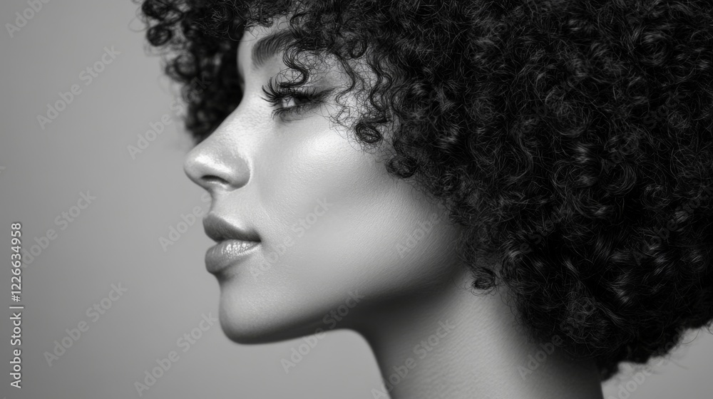 Fototapeta premium Close-up of a woman with curly hair styled in defined, bouncy curls, set against a plain backdrop to highlight the volume and natural texture.