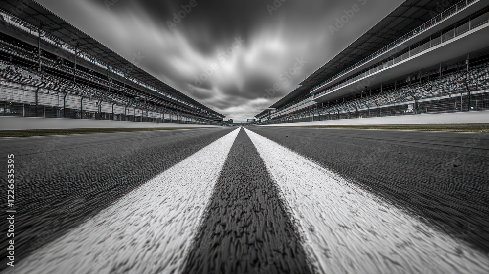 Fototapeta premium Race track asphalt, dramatic sky, grandstands, speed