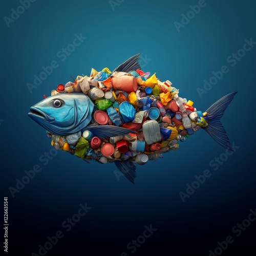 Pollution awareness fish made of plastic waste underwater digital art ocean environment artistic perspective photo