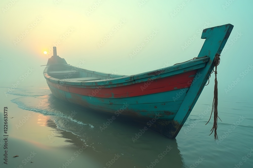 Fototapeta premium Traditional Asian fishing small boat on sea shore.