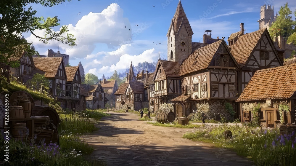 Fototapeta premium Captivating fantasy village artwork tailored for RPG games.