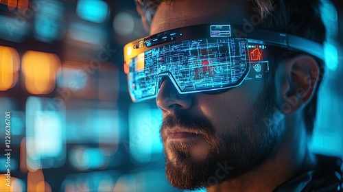 A construction worker using augmented reality glasses to visualize a project, illustrating the future of construction technology 