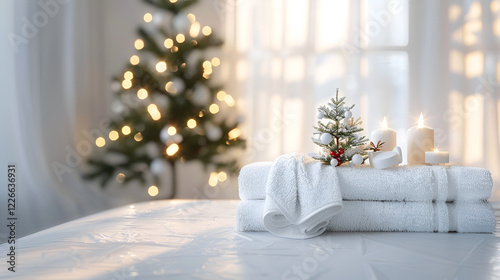 Tranquil spa setting with white towel and blurred Christmas tree in the background

 photo