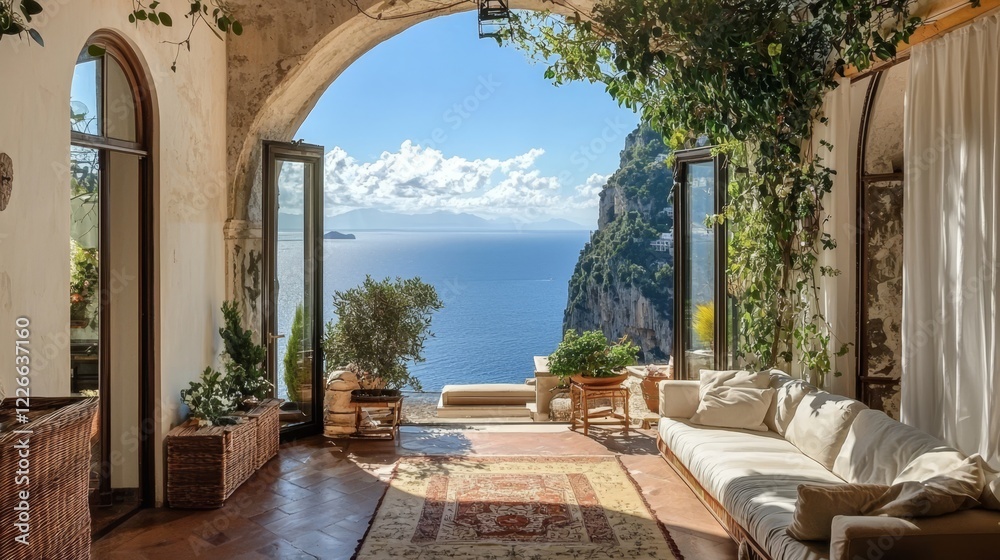 Obraz premium Breathtaking elegance: An Italian villa with panoramic Mediterranean scenery. 