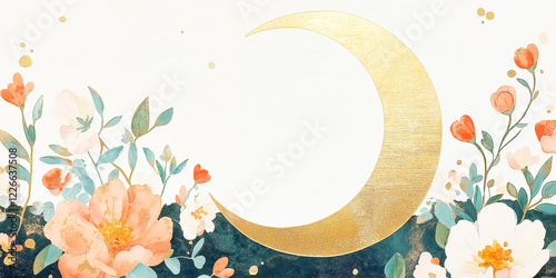 Golden crescent moon with flat floral decorations