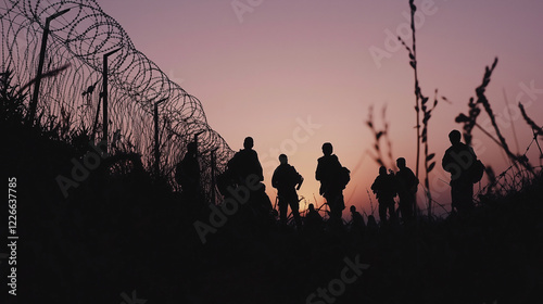 Silhouettes of soldiers walking behind barbed wire fencing at sunset, creating a dramatic contrast between war, security, and twilight.   photo