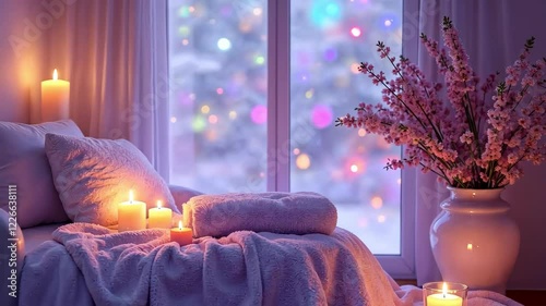 Cozy winter bedroom with candles and pink blossoms near a festive window