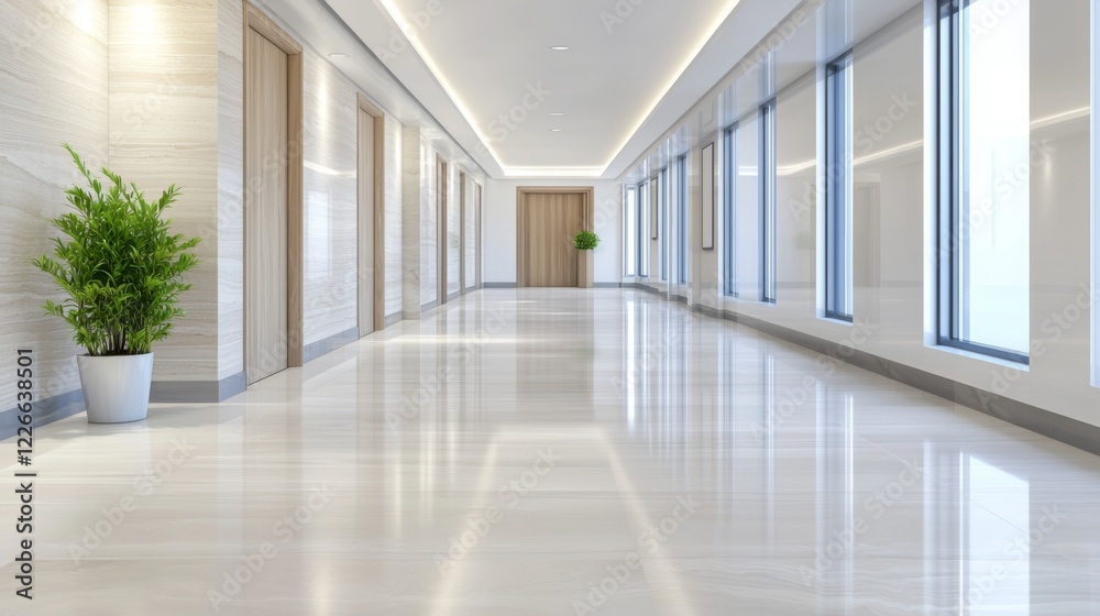 Fototapeta premium Modern corridor design office building interior photography minimalist environment wide angle view professional aesthetic