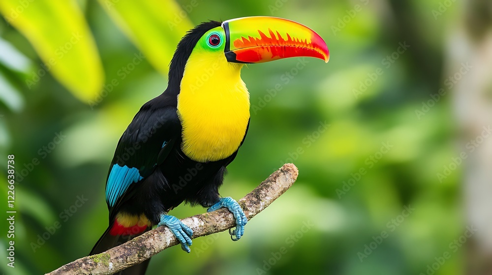 Magnificent toucan with bright yellow chest feathers.