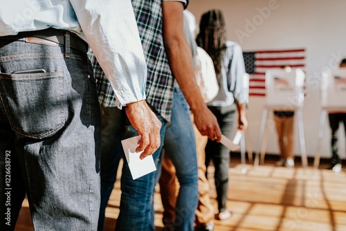 Diverse people in line voting in election, holding ballots. Voting in election, diverse group of people casting ballots. Diverse people voting, US election, close up photo of hand holding ballots