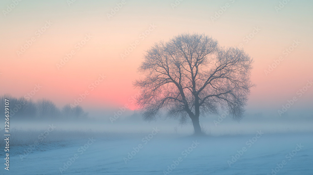 Serene Winter Sunrise Landscape Lonely Tree Foggy Field Peaceful Nature Scenery Cold Season Pastel Serene Winter Sunrise Landscape Lonely Tree Foggy Field Peaceful Nature Scenery Cold Season Pastel