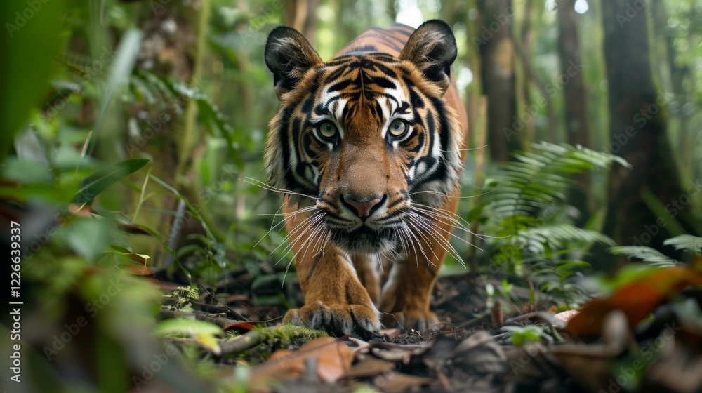 Obraz premium World Wildlife Day. Intense close-up of a Bengal tiger walking through a dense rainforest with lush green vegetation in the foreground.