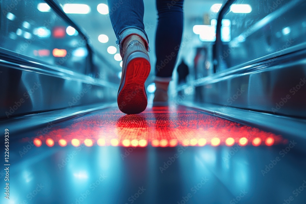 Fototapeta premium Footsteps on a moving walkway in a busy urban transport terminal with vibrant light reflections at night