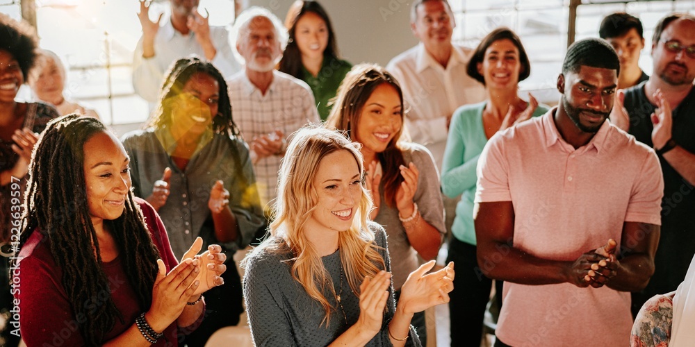 Diverse group of people applaud in social meeting, smiling and clapping. Diverse group of smiling men and women applauding, clapping in social gathering. Diverse audience group clapping, happy people