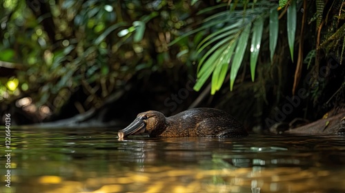 Platypus foraging in rainforest stream, lush foliage background; wildlife conservation photo